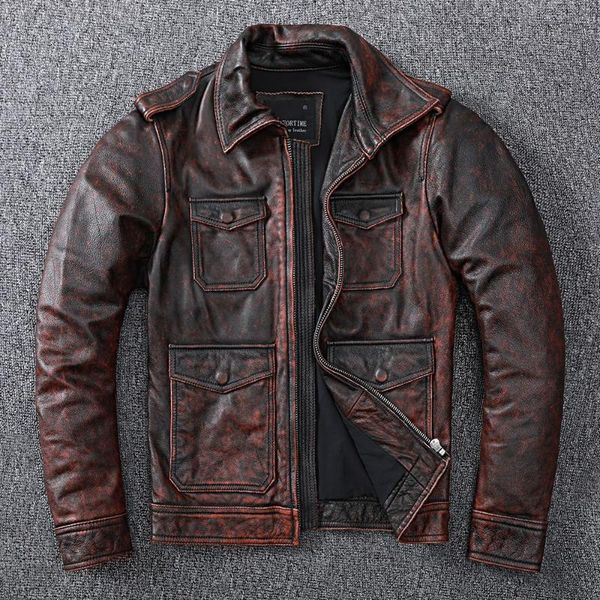 men's leather & faux vintage brown hunting jacket thick cowskin real redo men coat 5xl, Black
men's leather & faux vintage brown hunting jacket thick cowskin real redo men coat 5xl, Black