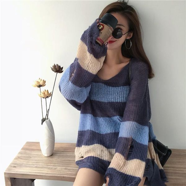 women's sweaters loose pullover v-neck knitted spring autumn sweet korean style hole panelled striped fashion women clothing, White;black
women's sweaters loose pullover v-neck knitted spring autumn sweet korean style hole panelled striped fashion women clothing, White;black