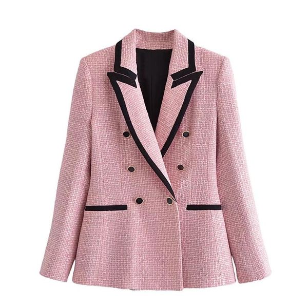 women's suits & blazers 2021 elegant pink textured blazer women long sleeve contrast piping double breasted woman fashion cute coat out, White;black
women's suits & blazers 2021 elegant pink textured blazer women long sleeve contrast piping double breasted woman fashion cute coat out, White;black