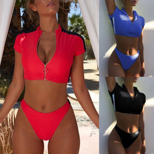 women's swimwear women two piece swimsuit beachwear zip up crop and thong set female bikini bathing suit, White;black
women's swimwear women two piece swimsuit beachwear zip up crop and thong set female bikini bathing suit, White;black