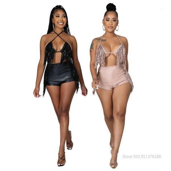 women's tracksuits halter sequin tassel crop lace up and high waist pu leather short pants bodycon night party two piece set, Gray
women's tracksuits halter sequin tassel crop lace up and high waist pu leather short pants bodycon night party two piece set, Gray