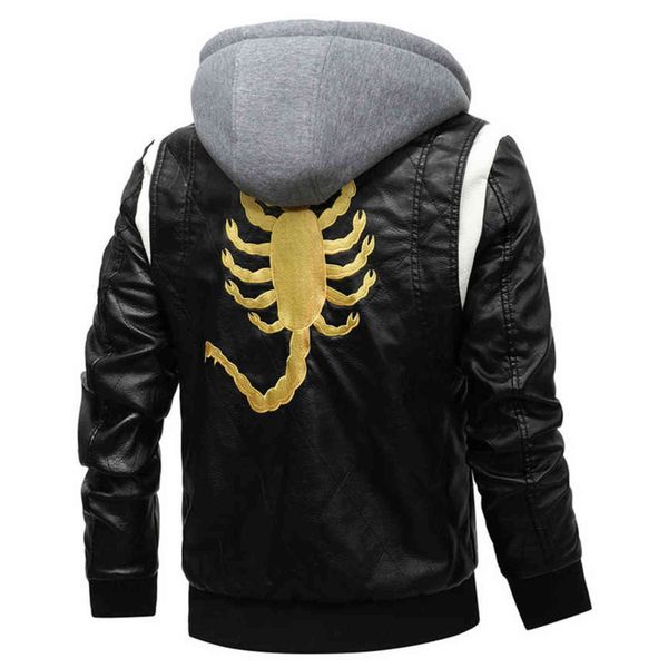 2021 new spring leather men's jacket removable hoodied scorpion embroidery motorcycle men slim fit mens s, Black
2021 new spring leather men's jacket removable hoodied scorpion embroidery motorcycle men slim fit mens s, Black