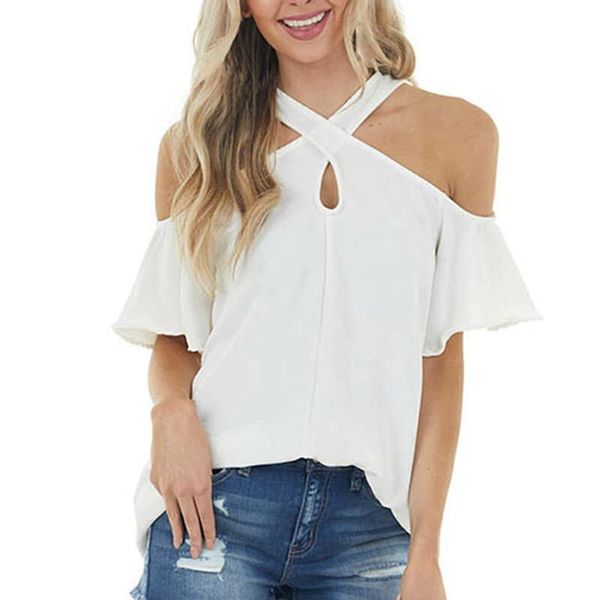 women's blouses & shirts fashion womens and casual solid color hanging neck strapless short sleeves blusas mujer de moda 2021, White
women's blouses & shirts fashion womens and casual solid color hanging neck strapless short sleeves blusas mujer de moda 2021, White