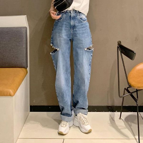 women's jeans high waist loose women casual wild hole fashion denim pants, Blue 
women's jeans high waist loose women casual wild hole fashion denim pants, Blue