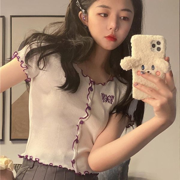 women's t-shirt knitted cardigan summer 2021 slim edible tree crop top, White