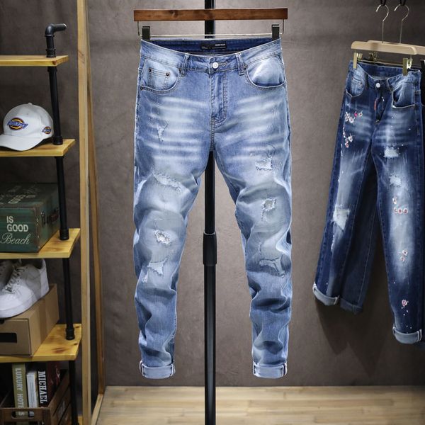 jeans new fashion brand worn-out men's slim pin bead pants, Blue
jeans new fashion brand worn-out men's slim pin bead pants, Blue