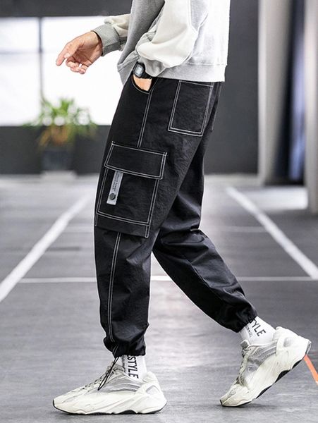 men patch detail stitching cargo pants l6nz#, Black 
men patch detail stitching cargo pants l6nz#, Black