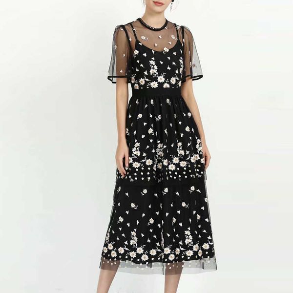 est fashion designer women's elegant short sleeve black mesh daisy embroidery mid-calf dress 210526, Black;gray
est fashion designer women's elegant short sleeve black mesh daisy embroidery mid-calf dress 210526, Black;gray