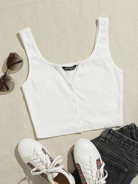 button front crop tank w85e#, White