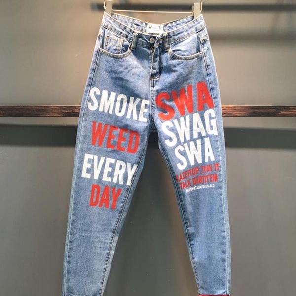 women jean spring fashion spray paint letters printing high waist loose feet harem jeans drop, Blue
women jean spring fashion spray paint letters printing high waist loose feet harem jeans drop, Blue