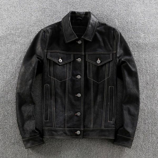 men's leather & faux fashion gravel cowskin genuine denim style slim fit real coat men casual jacket male, Black
men's leather & faux fashion gravel cowskin genuine denim style slim fit real coat men casual jacket male, Black