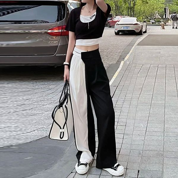 skirts stitching trousers two-piece set short sleeve black and white patchwork casual wide leg pants streetwear women a4mu
skirts stitching trousers two-piece set short sleeve black and white patchwork casual wide leg pants streetwear women a4mu