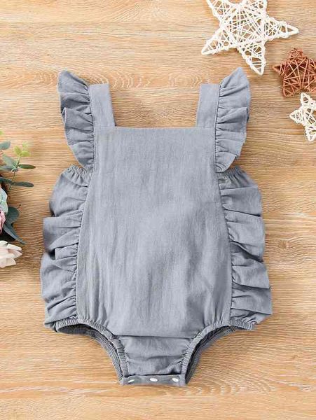 baby square neck ruffle trim bodysuit she, Blue