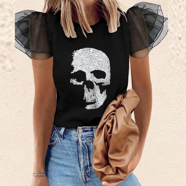 women o neck solid color short sleeve t-shirt 2021 summer puff casual skull print lace mesh pullover streetwear women's, White
women o neck solid color short sleeve t-shirt 2021 summer puff casual skull print lace mesh pullover streetwear women's, White