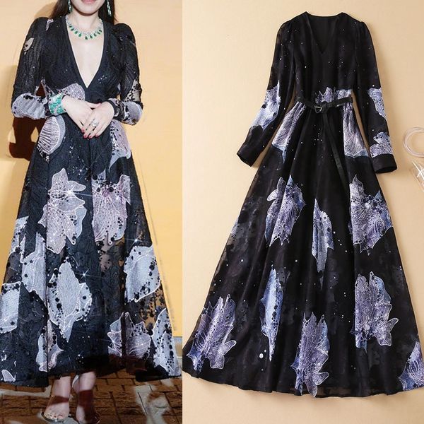 high-quality autumn party dress v-neck print with belt, Black;pink