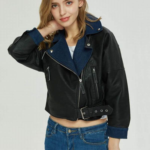 women's leather & faux jacket women black denim stitching female biker jackets soft ladies zipper basic coat lapel long sleeve 2021 pu
women's leather & faux jacket women black denim stitching female biker jackets soft ladies zipper basic coat lapel long sleeve 2021 pu