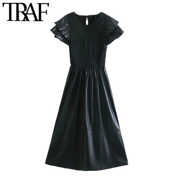 traf women chic fashion faux leather elastic smocked midi dress vintage o neck ruffled sleeve female dresses mujer 210415, Black;gray
traf women chic fashion faux leather elastic smocked midi dress vintage o neck ruffled sleeve female dresses mujer 210415, Black;gray
