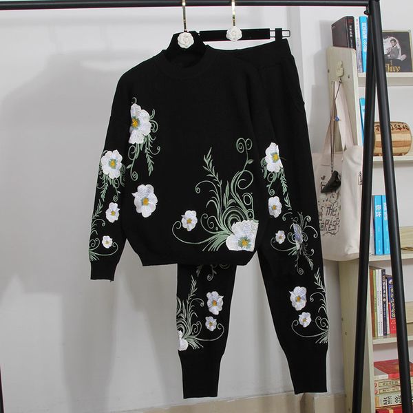 women's two piece pants black gray tracksuit knitted set women embroidery flowers sweater pencil outfits female loose knitting sui, White
women's two piece pants black gray tracksuit knitted set women embroidery flowers sweater pencil outfits female loose knitting sui, White