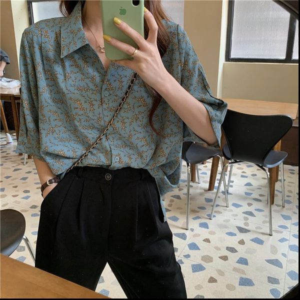 french retro blue floral blouse women shirt womens summer korean style design non mainstream leisure short sleeves drop, White
french retro blue floral blouse women shirt womens summer korean style design non mainstream leisure short sleeves drop, White