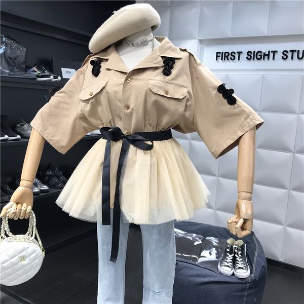 women two piece outfits sequined embroidery half sleeve khaki jacket blouse + lace-up patchwork tulle mesh skirt set 210518, White
women two piece outfits sequined embroidery half sleeve khaki jacket blouse + lace-up patchwork tulle mesh skirt set 210518, White