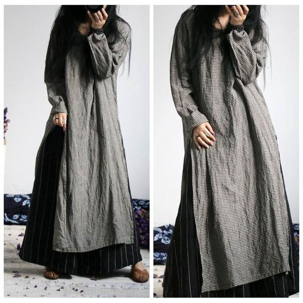 casual dresses asymsay arrival chinese style plaid cotton linen dress hem side high split round collar long sleeve ac5929, Black;gray
casual dresses asymsay arrival chinese style plaid cotton linen dress hem side high split round collar long sleeve ac5929, Black;gray