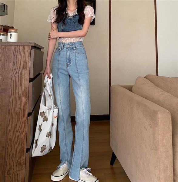 women's jeans korean simple straight leg women high waist cut mopping denim trousers woman streetwear distressed loose split pants, Blue
women's jeans korean simple straight leg women high waist cut mopping denim trousers woman streetwear distressed loose split pants, Blue