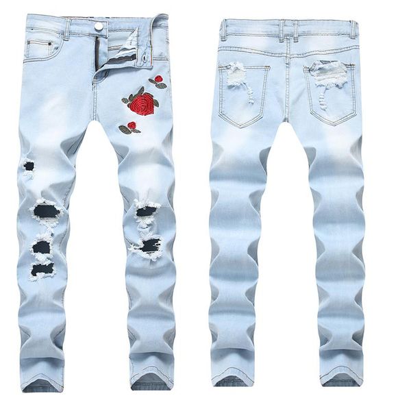 men's jeans black floral print ripped balplein brand motorcycle riding slim fit, Blue
men's jeans black floral print ripped balplein brand motorcycle riding slim fit, Blue