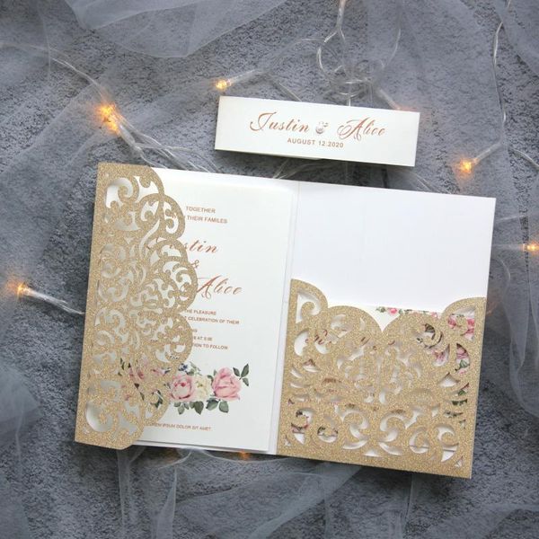 greeting cards 20pcs luxury golden laser cut wedding invitation set with rsvp envelop belly band tri-fold pocket invites supply
greeting cards 20pcs luxury golden laser cut wedding invitation set with rsvp envelop belly band tri-fold pocket invites supply