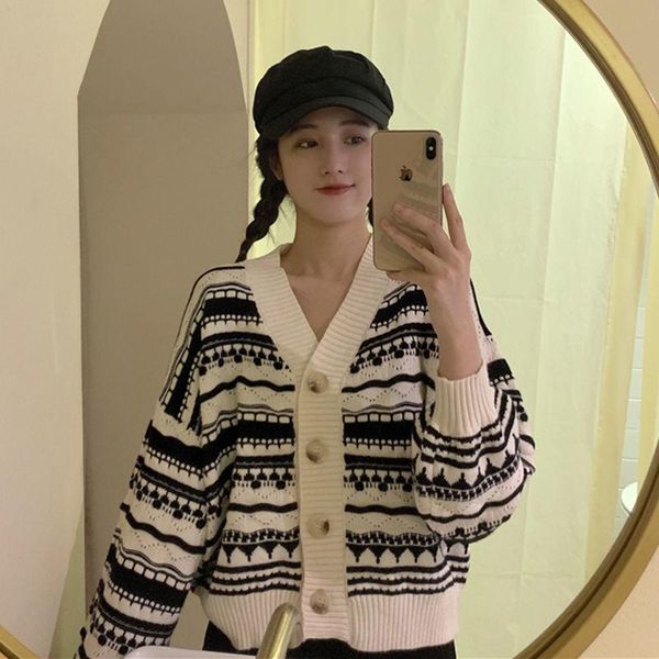 women's knits & tees vintage striped sweater cardigan jacket t-shirt autumn winter 2021 loose with long sleeves, White 
women's knits & tees vintage striped sweater cardigan jacket t-shirt autumn winter 2021 loose with long sleeves, White