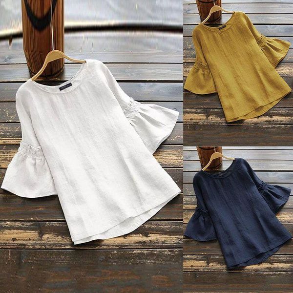 women's t-shirt women 2021 summer solid color round neck ruffled sleeve casual t shirt thin, White
women's t-shirt women 2021 summer solid color round neck ruffled sleeve casual t shirt thin, White