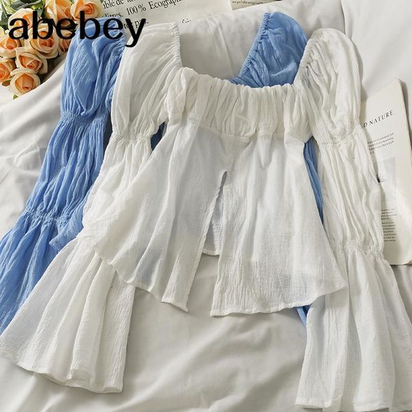 women's blouses & shirts french square collar flare sleeve shirt irregular design high waist pleated solid short split 2021 summer, White
women's blouses & shirts french square collar flare sleeve shirt irregular design high waist pleated solid short split 2021 summer, White