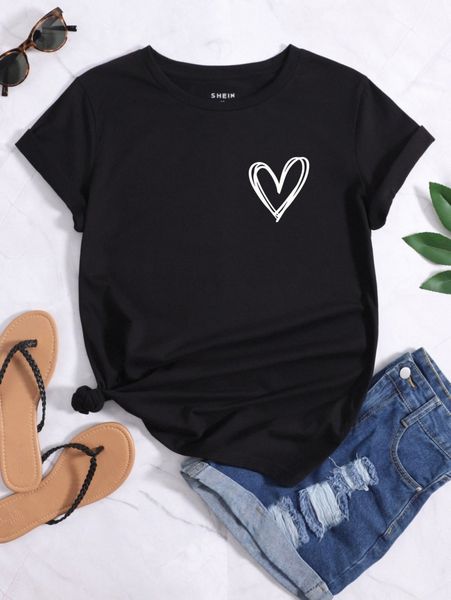 heart print round neck tee h8sj#, White