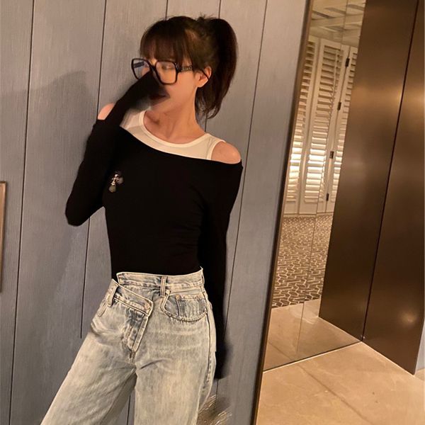 spring summer 2021 new stretch slim and versatile fake two piece cross long sleeve stitched off shoulder t, White;black
spring summer 2021 new stretch slim and versatile fake two piece cross long sleeve stitched off shoulder t, White;black