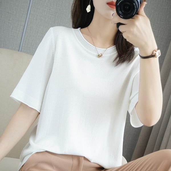 spring and summer round neck cotton knitted short sleeve women's t-shirt loose base coat, White
spring and summer round neck cotton knitted short sleeve women's t-shirt loose base coat, White