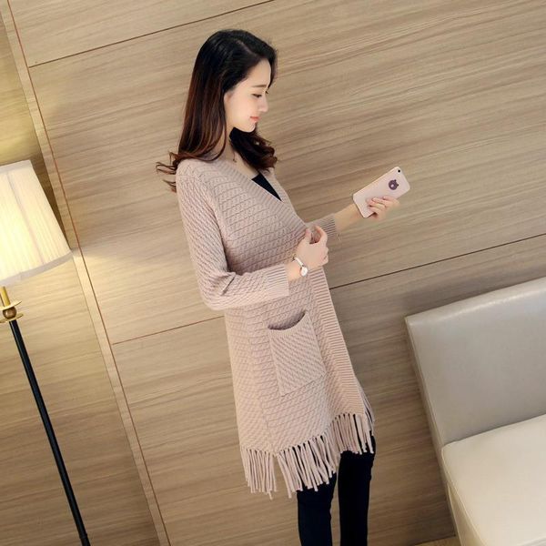 women's sweaters 2021 autumn women long knittted fashion elegant ladies solid tassels cardigan sweater with pockets, White;black
women's sweaters 2021 autumn women long knittted fashion elegant ladies solid tassels cardigan sweater with pockets, White;black