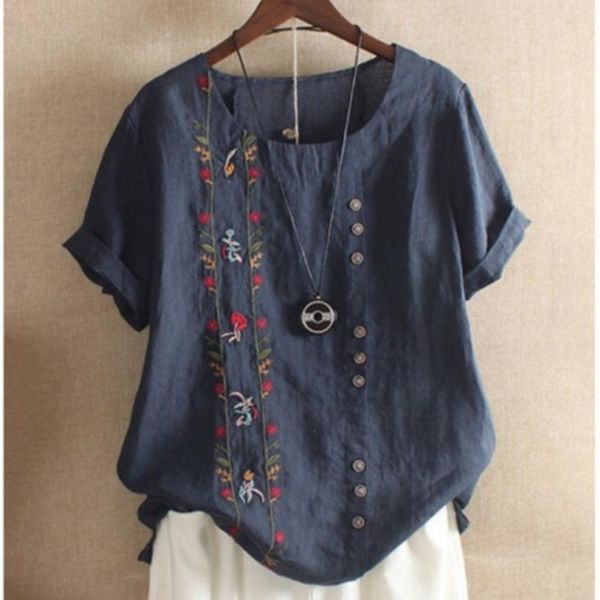 women's blouses & shirts cotton linen embroidery casual t shirt loose summer plus size retro short sleeve women, White
women's blouses & shirts cotton linen embroidery casual t shirt loose summer plus size retro short sleeve women, White