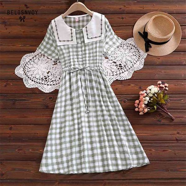 mori girl sweet summer women dresses vintage green plaid printed navy collar cotton linen midi dress femininos vestidos 210520, Black;gray
mori girl sweet summer women dresses vintage green plaid printed navy collar cotton linen midi dress femininos vestidos 210520, Black;gray