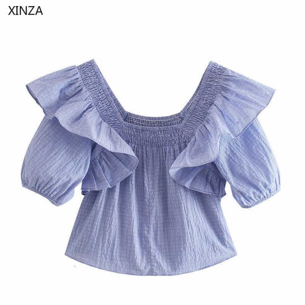 women's knits & tees summer women cropped ruffle blouse short puff sleeve square neck plaid blue shirts woman elastic vintage, White
women's knits & tees summer women cropped ruffle blouse short puff sleeve square neck plaid blue shirts woman elastic vintage, White