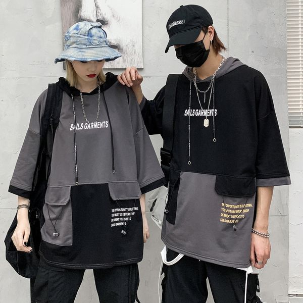 t shirt high street hip hop hooded short sleeve men's fashion brand loose big pocket color matching hoodie, White;black
t shirt high street hip hop hooded short sleeve men's fashion brand loose big pocket color matching hoodie, White;black