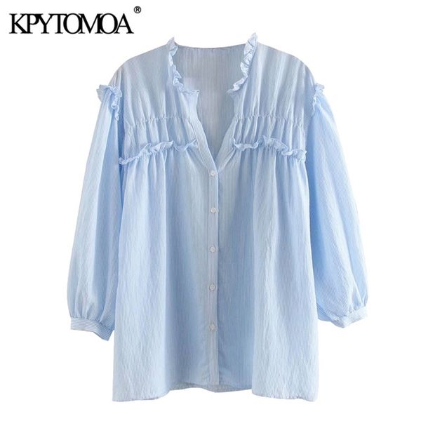 women sweet fashion striped ruffled blouses v neck three quarter sleeve female shirts blusas chic 210420, White
women sweet fashion striped ruffled blouses v neck three quarter sleeve female shirts blusas chic 210420, White