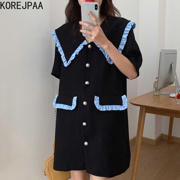 korejpaa women dress summer korean retro temperament large lapel contrast color ruffles pearl buckle design loose dresses 210526, Black;gray
korejpaa women dress summer korean retro temperament large lapel contrast color ruffles pearl buckle design loose dresses 210526, Black;gray