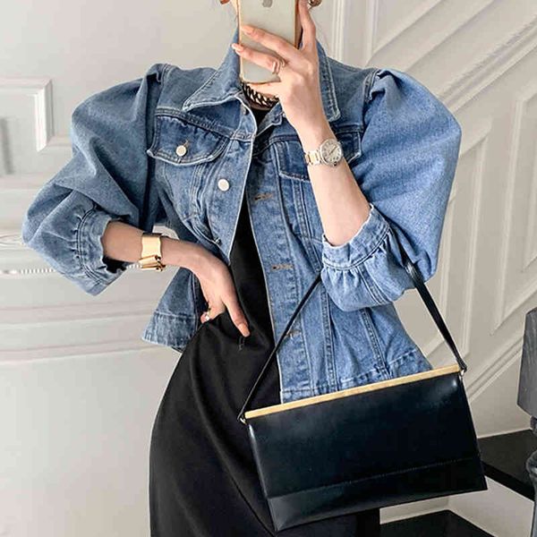 spring female turn down collar single breasted puff sleeve minimalist solid color short blue denim jacket coat 8p033 210510, Black;brown
spring female turn down collar single breasted puff sleeve minimalist solid color short blue denim jacket coat 8p033 210510, Black;brown
