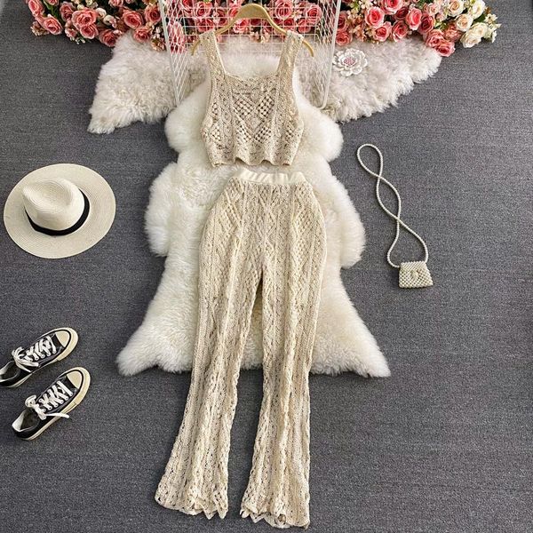 women's two piece pants hollow crochet weird thin wide-leg knitted elastic waist casual long two-piece suit short camisole, White 
women's two piece pants hollow crochet weird thin wide-leg knitted elastic waist casual long two-piece suit short camisole, White