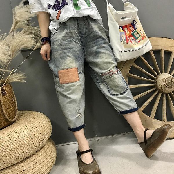 women's jeans arrival spring summer women elastic waist vintage patchwork loose ripped cotton denim calf-length harem pants s979, Blue
women's jeans arrival spring summer women elastic waist vintage patchwork loose ripped cotton denim calf-length harem pants s979, Blue