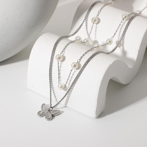 pendant necklaces double-layer pearl stainless steel chain necklace distressed retro vintage embossed butterfly for female, Silver
pendant necklaces double-layer pearl stainless steel chain necklace distressed retro vintage embossed butterfly for female, Silver