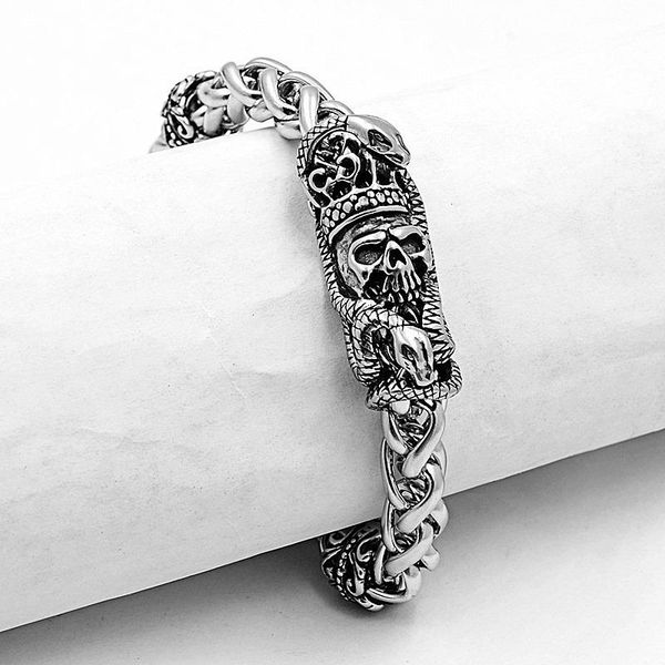 link, chain vintage gothic style metal crown skull bracelet men's classic punk rock party jewelry, Black
link, chain vintage gothic style metal crown skull bracelet men's classic punk rock party jewelry, Black