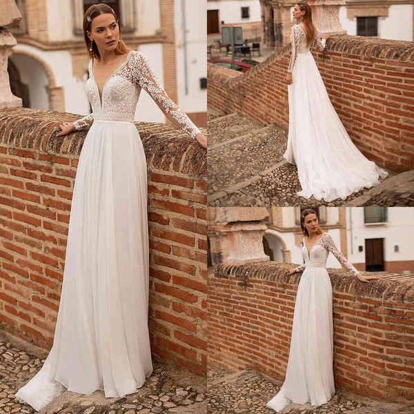 simple v-neck chiffon wedding dress long sleeves lace a line bridal gowns floor length gowns bride dresses vestido de noiva, White
simple v-neck chiffon wedding dress long sleeves lace a line bridal gowns floor length gowns bride dresses vestido de noiva, White