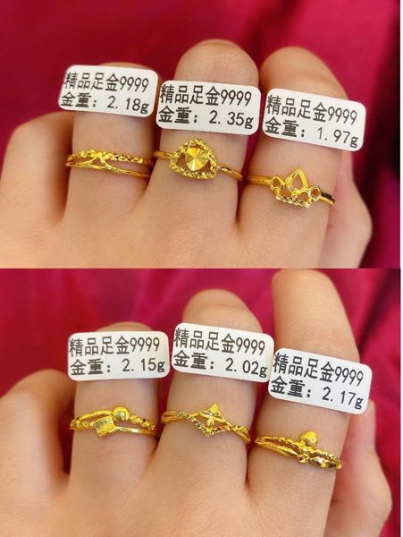 cluster rings hx 24k pure gold ring real au 999 solid elegant shiny heart beautiful upscale trendy jewelry sell 2021, Golden;silver