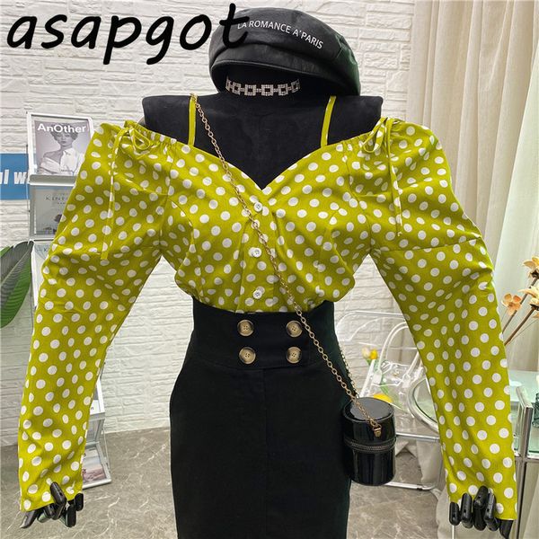 spring fashion clothing korean chic off the shoulder polka dot blouse women strap slim temperament casual retro shirts 210429, White
spring fashion clothing korean chic off the shoulder polka dot blouse women strap slim temperament casual retro shirts 210429, White