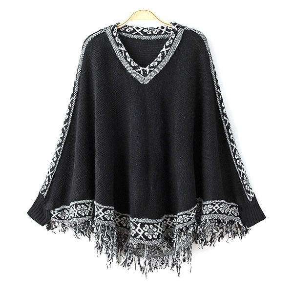 fashion sweater fine woolen autumn and winter folk style v-neck bat sleeve fringe cape loose women's shawl, White;black
fashion sweater fine woolen autumn and winter folk style v-neck bat sleeve fringe cape loose women's shawl, White;black
